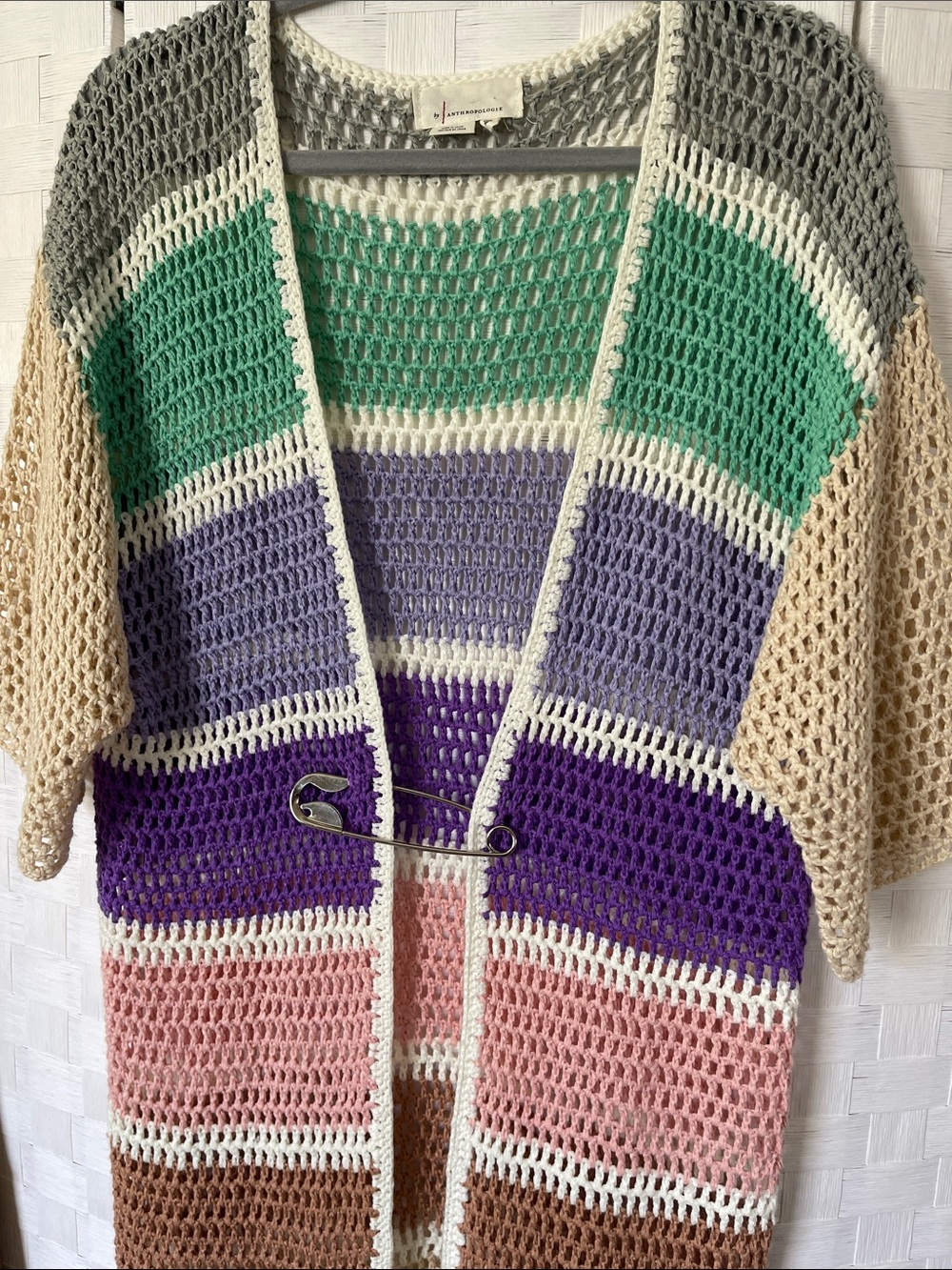 Anthropologie Eliza Colorful Pastel Crochet Knit Shawl Cardigan💐